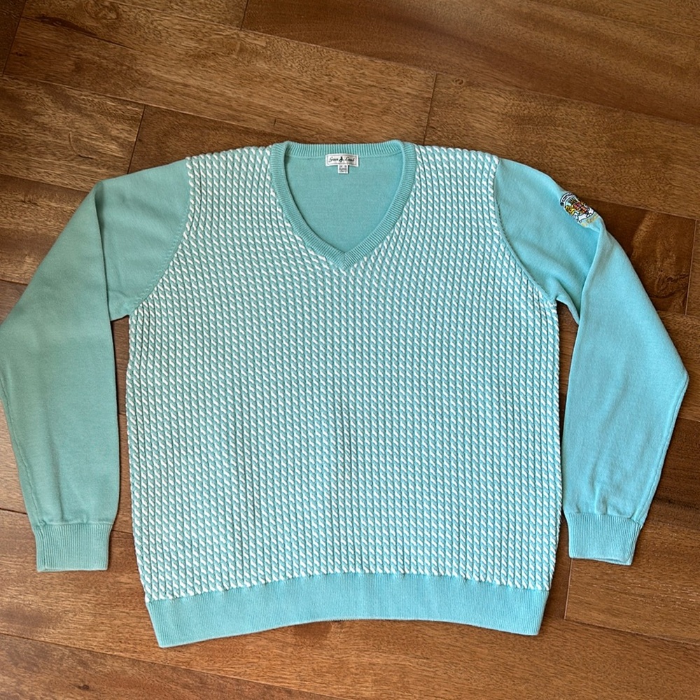 Cotton/acrylic V-neck sweater, aqua green, size 12